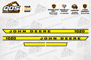 John Deere 1020 aftermarket hood decal set: two combined John Deere / 1020 side stripes and two short plain trim pieces.