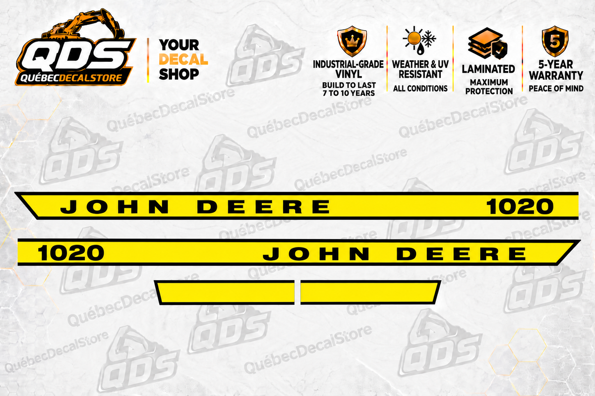 John Deere 1020 aftermarket hood decal set: two combined John Deere / 1020 side stripes and two short plain trim pieces.
