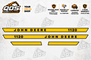 John Deere 1120 aftermarket hood decal set: two combined John Deere / 1120 side stripes and two short plain trim pieces.