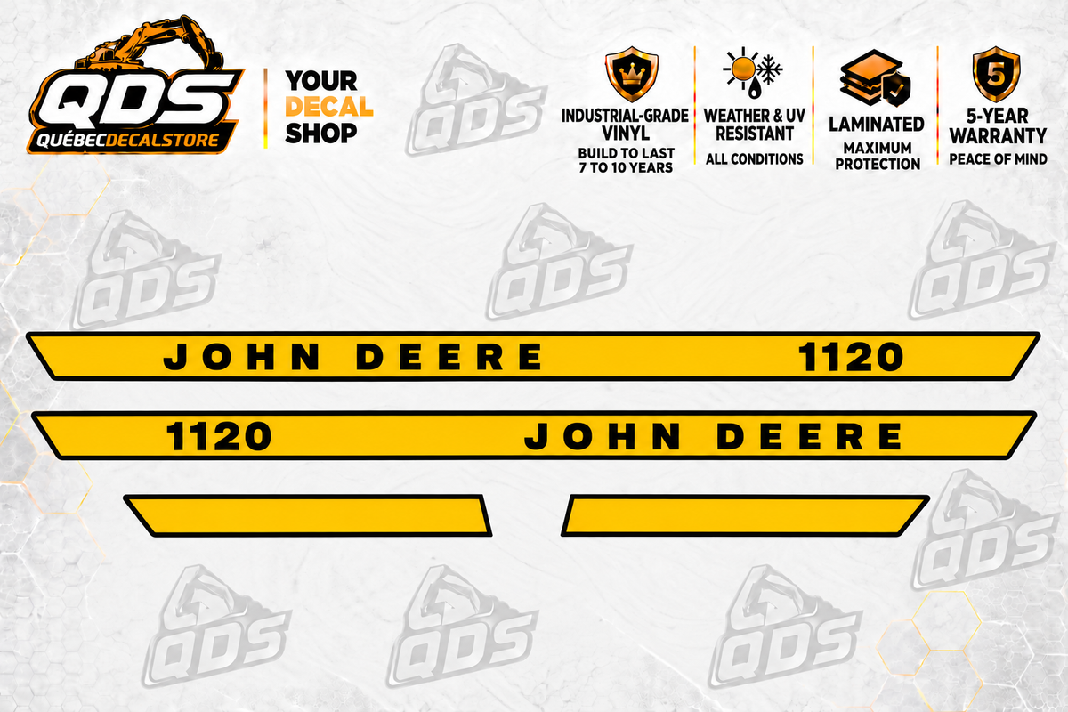John Deere 1120 aftermarket hood decal set: two combined John Deere / 1120 side stripes and two short plain trim pieces.