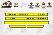 John Deere 1530 aftermarket hood decal set: two combined John Deere / 1530 side stripes, one long plain stripe and two short trim pieces.