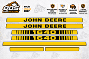John Deere 1640 aftermarket hood decal set: two John Deere name stripes, two 1640 model stripes, one long plain stripe and two short trim pieces.