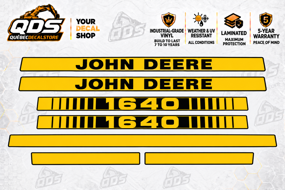 John Deere 1640 aftermarket hood decal set: two John Deere name stripes, two 1640 model stripes, one long plain stripe and two short trim pieces.