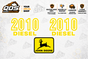John Deere 2010 aftermarket hood decal set: two yellow 2010 DIESEL markings and one John Deere deer emblem.