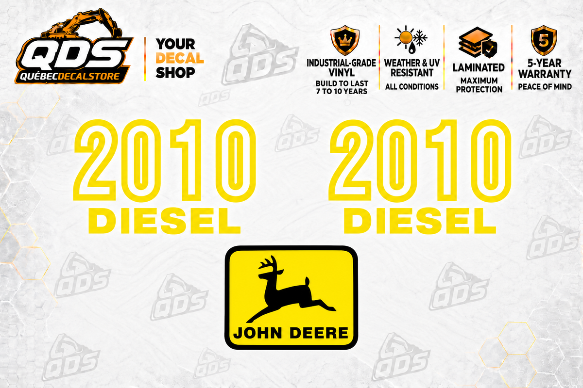 John Deere 2010 aftermarket hood decal set: two yellow 2010 DIESEL markings and one John Deere deer emblem.