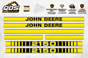 John Deere 2150 aftermarket hood decal set: two John Deere name stripes, two 2150 model stripes, one long plain stripe and two short trim pieces.