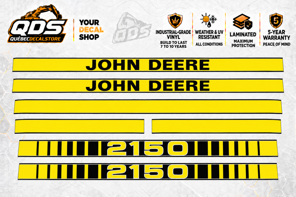 John Deere 2150 aftermarket hood decal set: two John Deere name stripes, two 2150 model stripes, one long plain stripe and two short trim pieces.