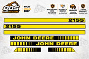 John Deere 2155 aftermarket hood decal set: two John Deere name stripes, two 2155 model stripes, one long plain stripe and two short trim pieces.