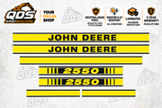John Deere 2550 aftermarket hood decal set: two John Deere name stripes, two 2550 model stripes, one long plain stripe and two short trim pieces.