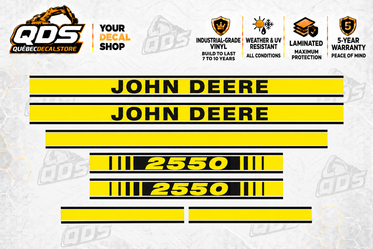John Deere 2550 aftermarket hood decal set: two John Deere name stripes, two 2550 model stripes, one long plain stripe and two short trim pieces.