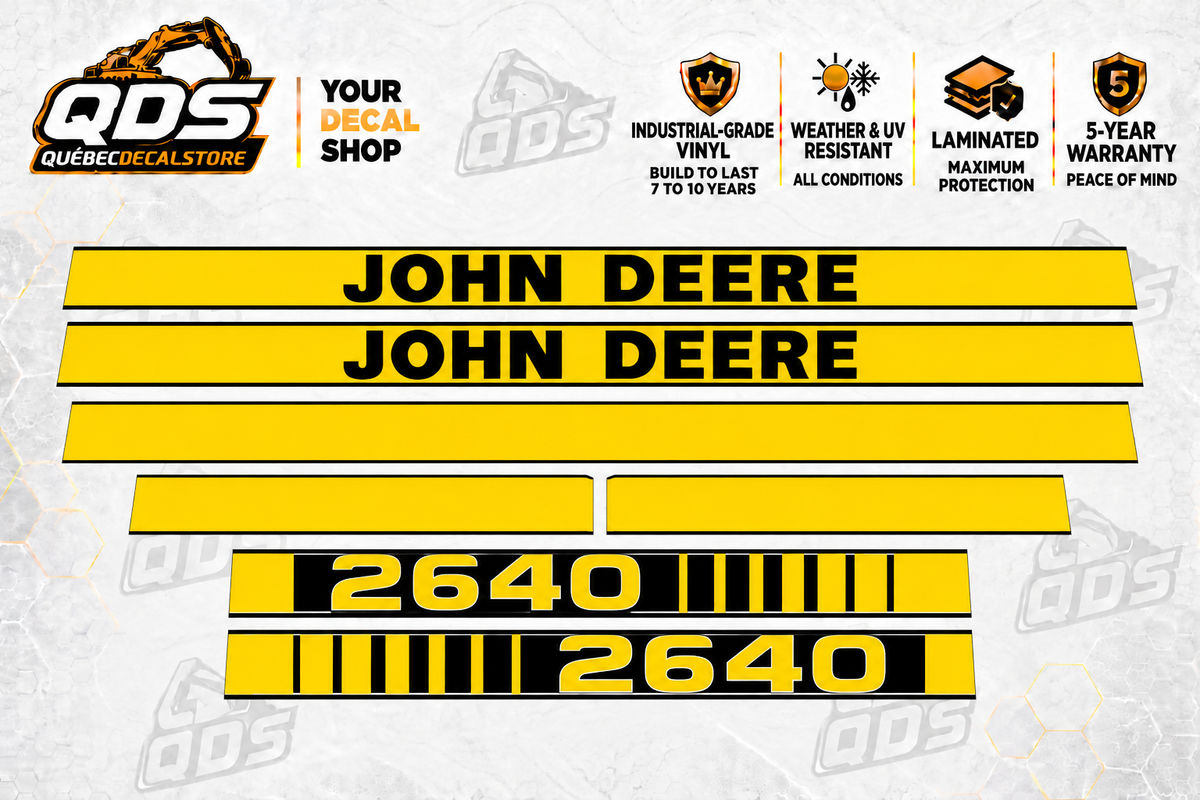 John Deere 2640 aftermarket hood decal set: two John Deere name stripes, two 2640 model stripes, one long plain stripe and two short trim pieces.