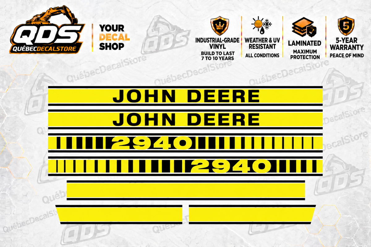 John Deere 2940 aftermarket hood decal set: two John Deere name stripes, two 2940 model stripes, one long plain stripe and two short trim pieces.