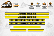 John Deere 2950 aftermarket hood decal set: two John Deere name stripes, two 2950 model stripes, one long plain stripe and two short trim pieces.