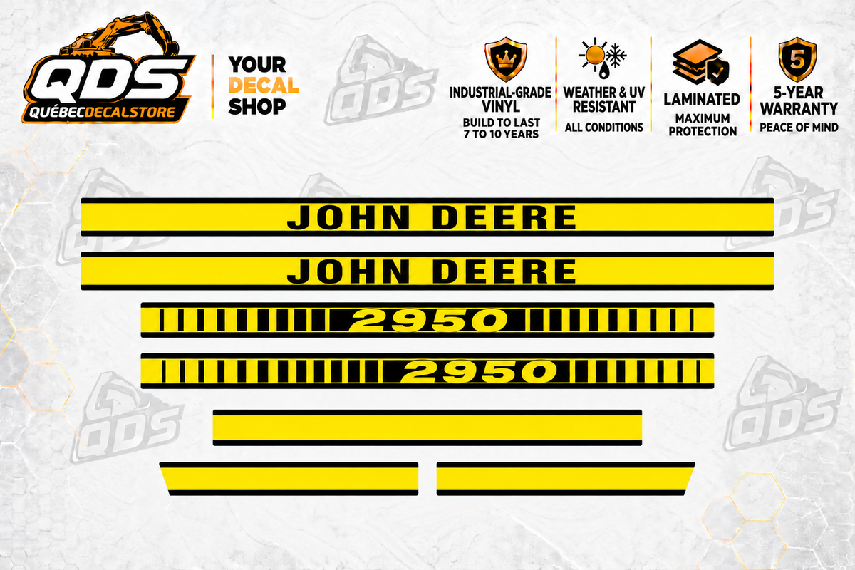 John Deere 2950 aftermarket hood decal set: two John Deere name stripes, two 2950 model stripes, one long plain stripe and two short trim pieces.
