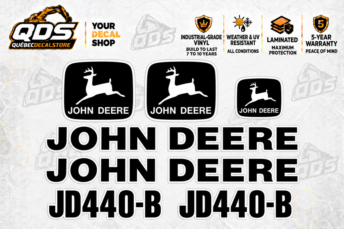 John Deere 440B skidder aftermarket identification decal kit showing the included paired markings
