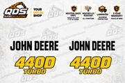 John Deere 440D skidder aftermarket identification decal kit showing the included paired markings