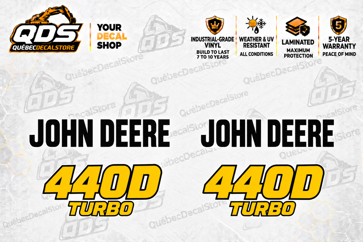 John Deere 440D skidder aftermarket identification decal kit showing the included paired markings