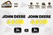 John Deere 540B skidder aftermarket identification decal kit showing the included paired markings