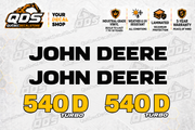 John Deere 540D skidder aftermarket identification decal kit showing the included paired markings
