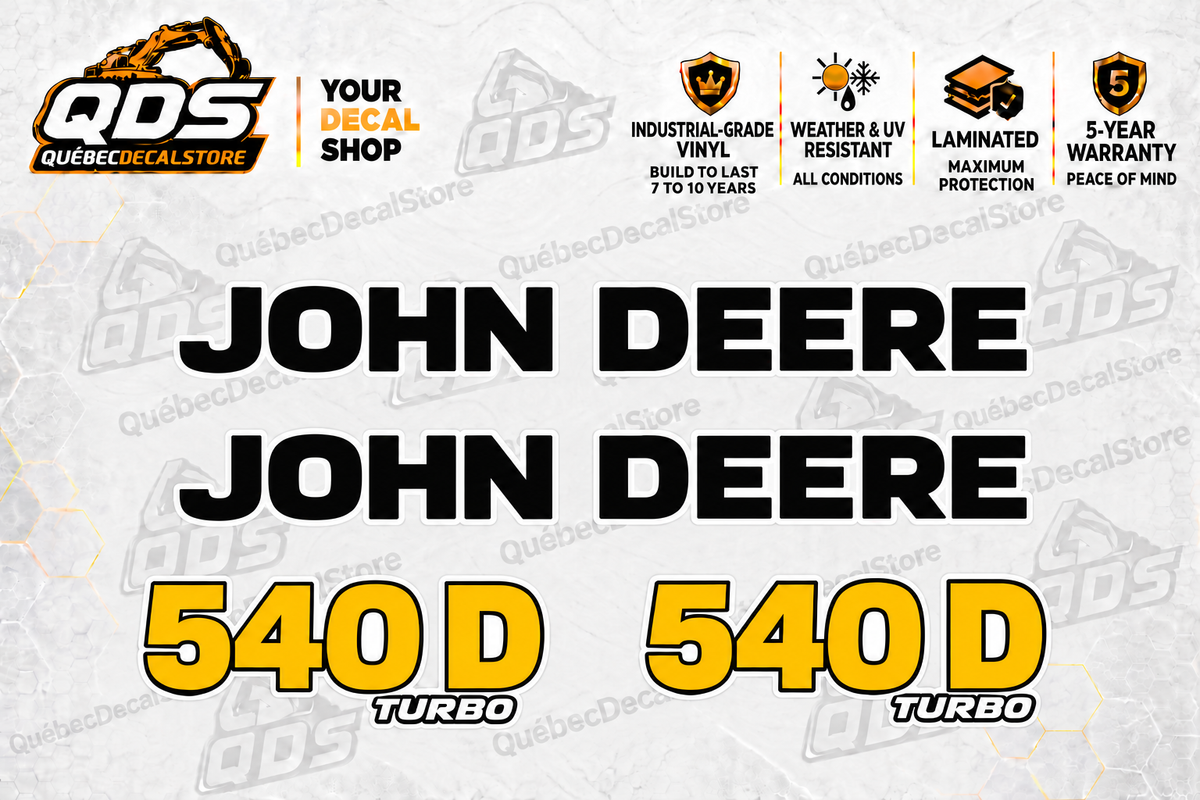 John Deere 540D skidder aftermarket identification decal kit showing the included paired markings