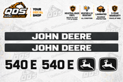John Deere 540E skidder aftermarket identification decal kit showing the included paired markings