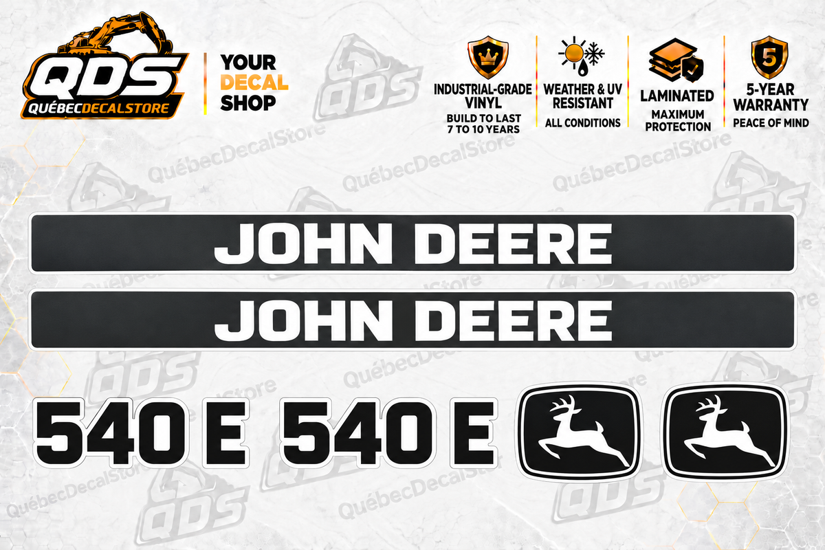 John Deere 540E skidder aftermarket identification decal kit showing the included paired markings