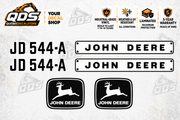 John Deere 544A wheel loader aftermarket identification decal kit showing the included paired markings