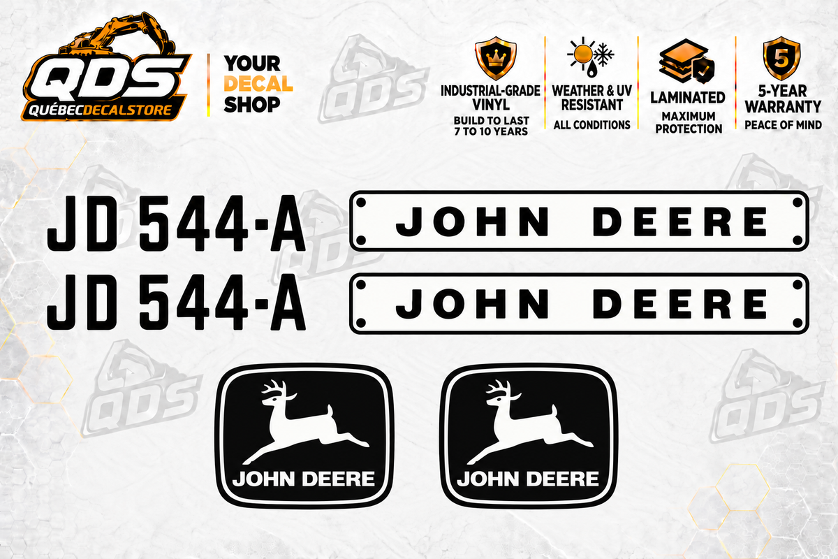 John Deere 544A wheel loader aftermarket identification decal kit showing the included paired markings