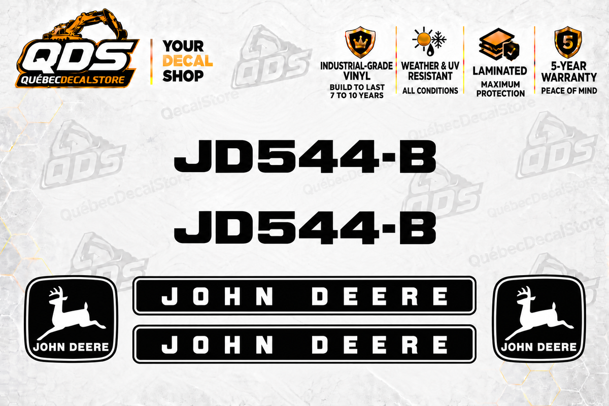 John Deere 544B wheel loader aftermarket identification decal kit showing the included paired markings