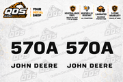 John Deere 570A motor grader aftermarket identification decal kit showing the included paired markings