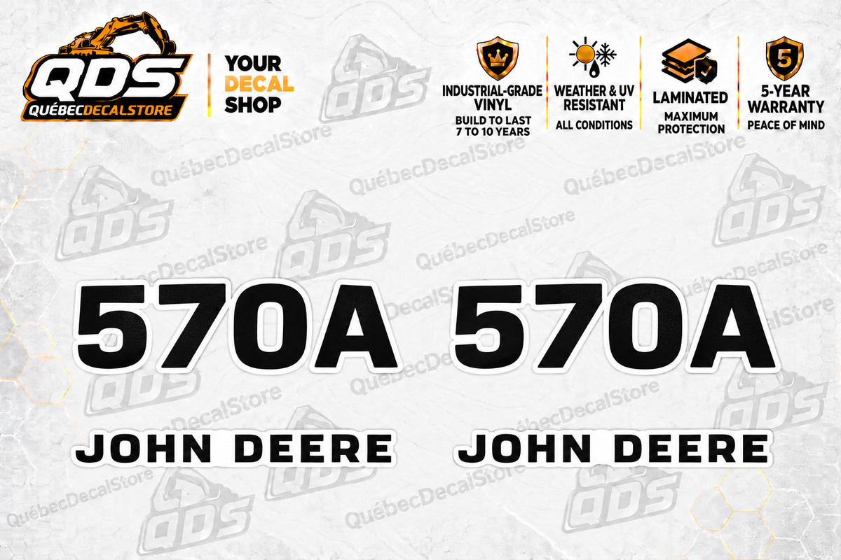 John Deere 570A motor grader aftermarket identification decal kit showing the included paired markings