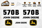 John Deere 570B motor grader aftermarket identification decal kit showing the included paired markings
