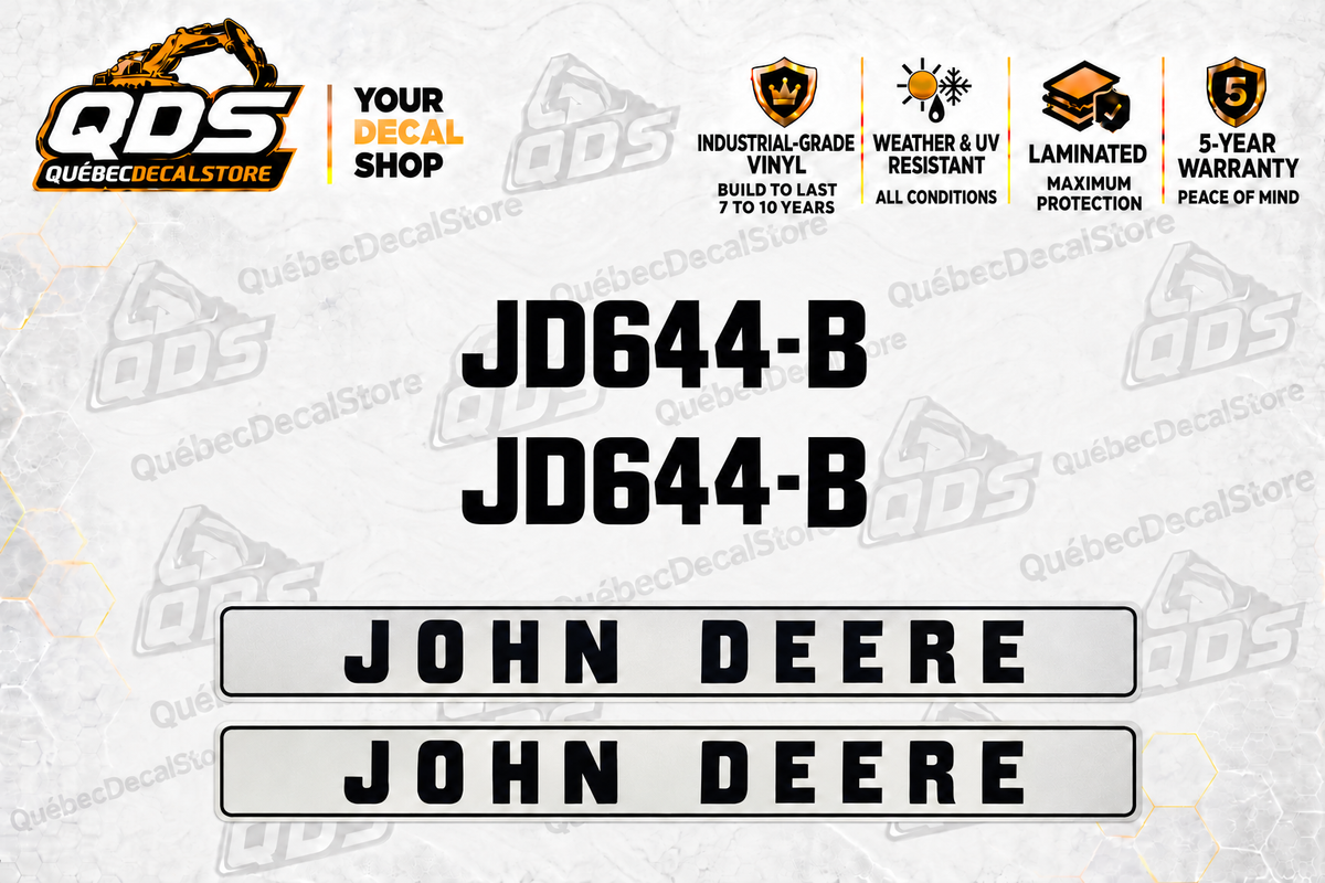 John Deere 644B wheel loader aftermarket identification decal kit showing the included paired markings