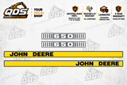 John Deere 650 aftermarket hood decal set: two John Deere name stripes and two 650 number decals.