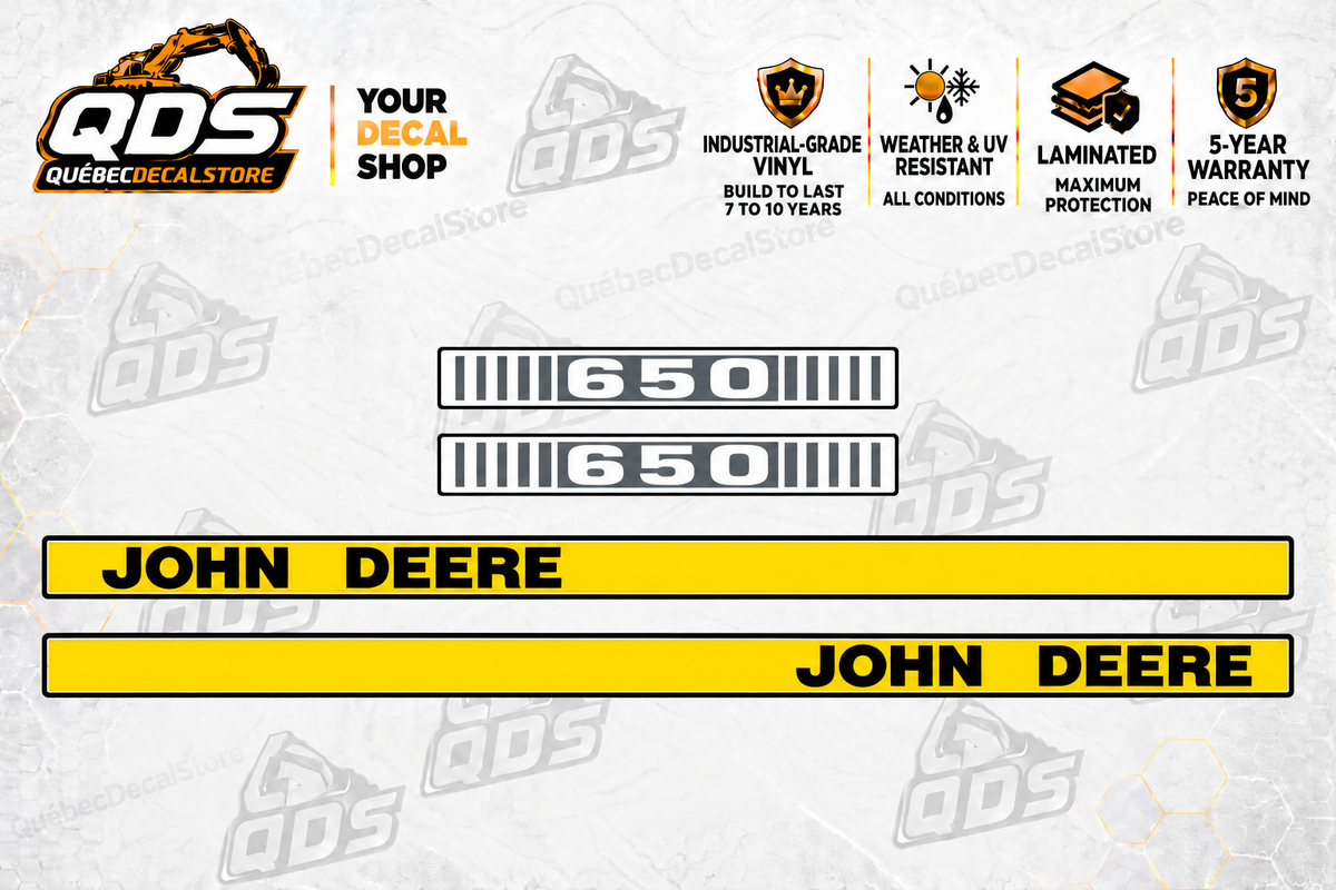 John Deere 650 aftermarket hood decal set: two John Deere name stripes and two 650 number decals.