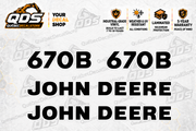 John Deere 670B motor grader aftermarket identification decal kit showing the included paired markings