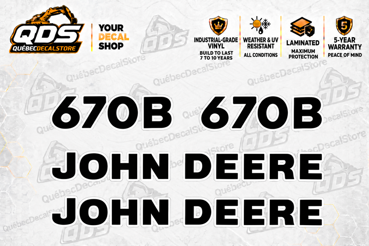 John Deere 670B motor grader aftermarket identification decal kit showing the included paired markings