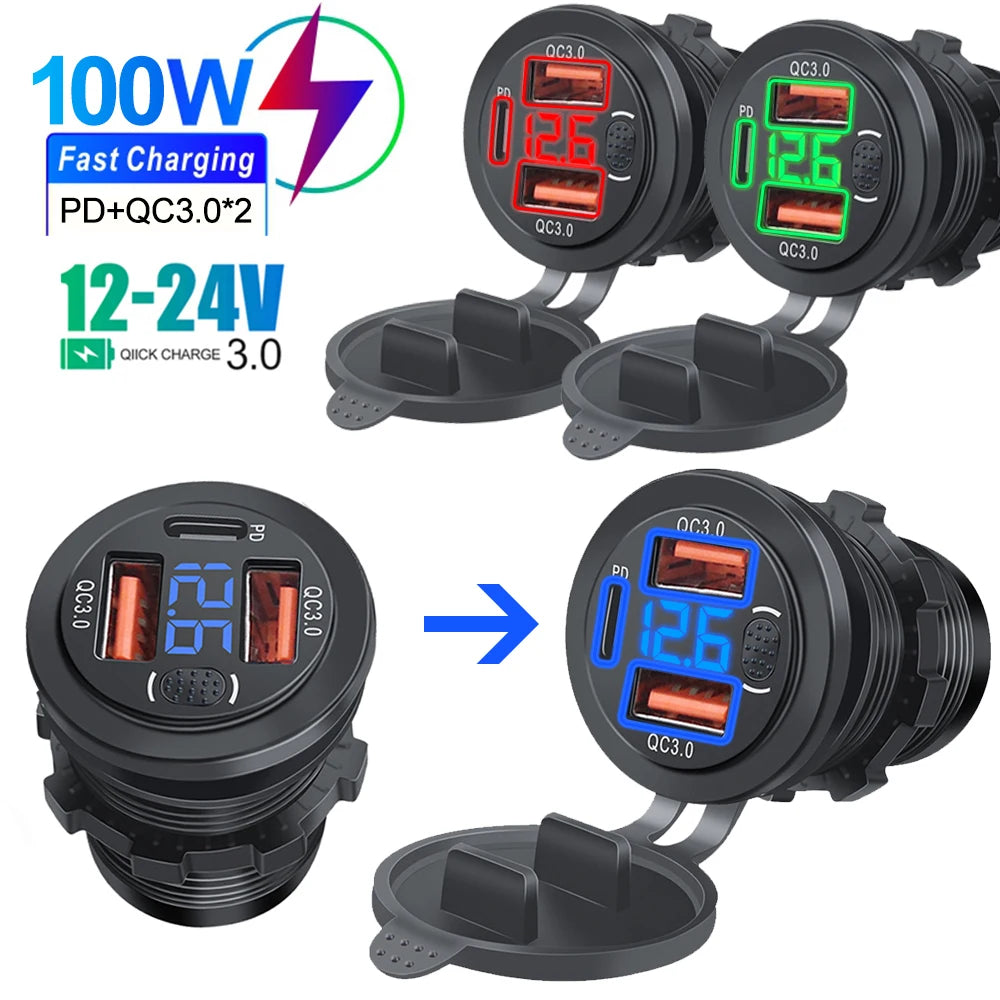 Waterdichte USB-C- en USB-A-snellader met LED-voltmeter — 12V/24V