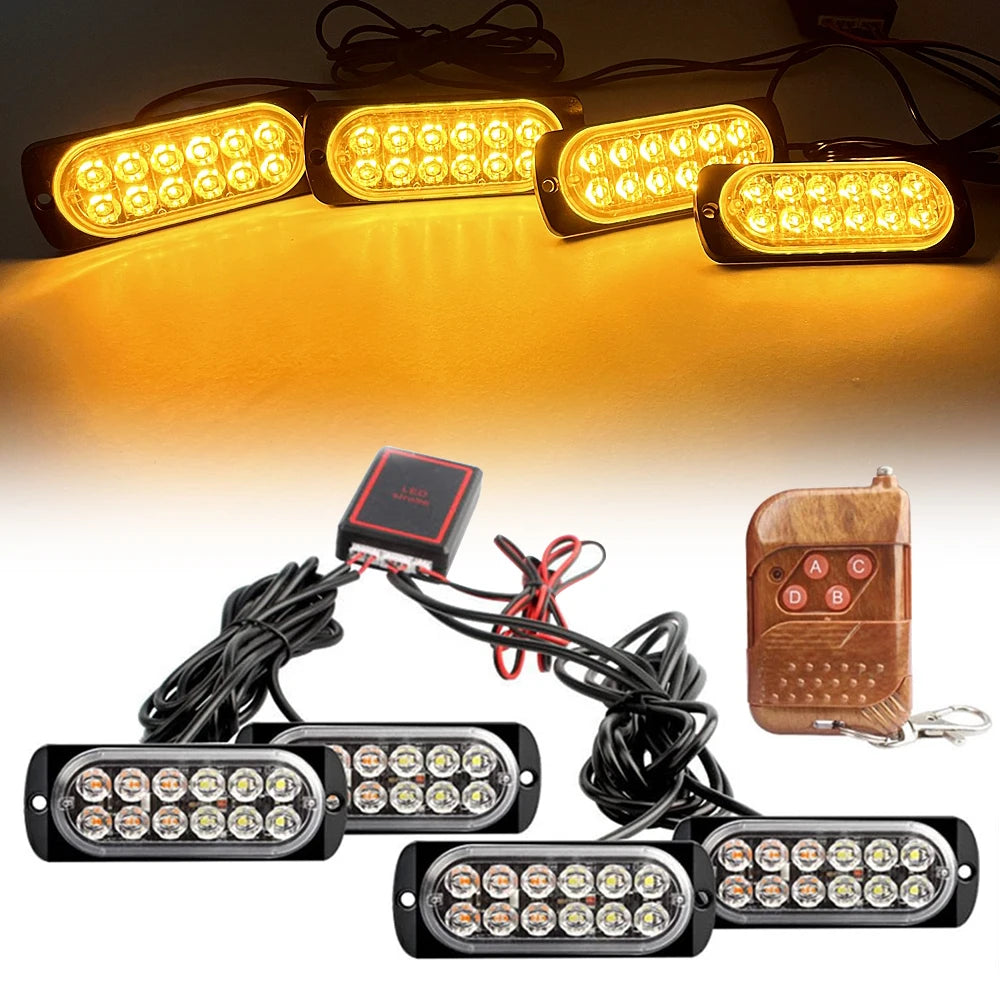 Amber LED Grille Strobe Kit – 4 Modules & Remote – 12V/24V