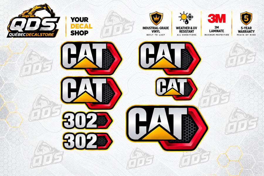 Caterpillar CAT 302 aftermarket decal kit with five CAT logos and two 302 model decals, red, black, silver and yellow design