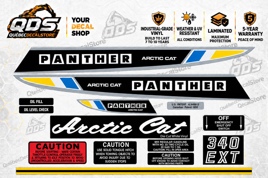 1970 Arctic Cat Panther 340 EXT snowmobile decal kit in black, silver, blue and yellow – QuébecDecalStore