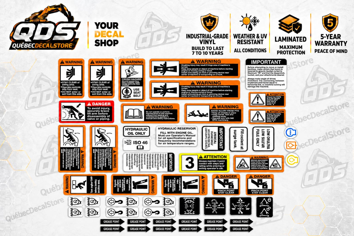 John Deere Backhoe Safety Decal Kit – 10 Grease Point Labels
