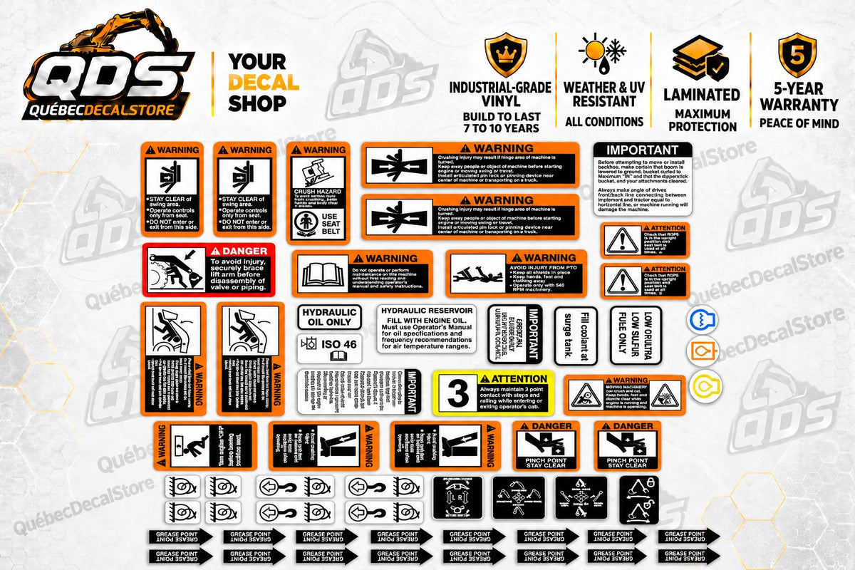 John Deere Backhoe Safety Decal Kit – 16 Grease Point Labels