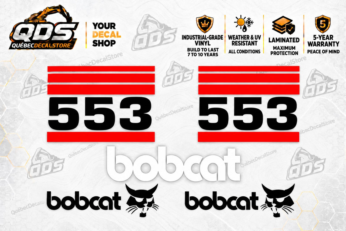 Bobcat 553 replacement skid steer decal kit with two 553 model markings, red stripes and black and white logos