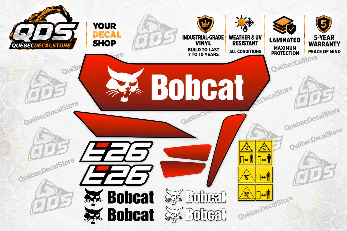 Bobcat E26 mini excavator decal kit with orange and black panels, E26 numbers, Bobcat logos and yellow warning labels