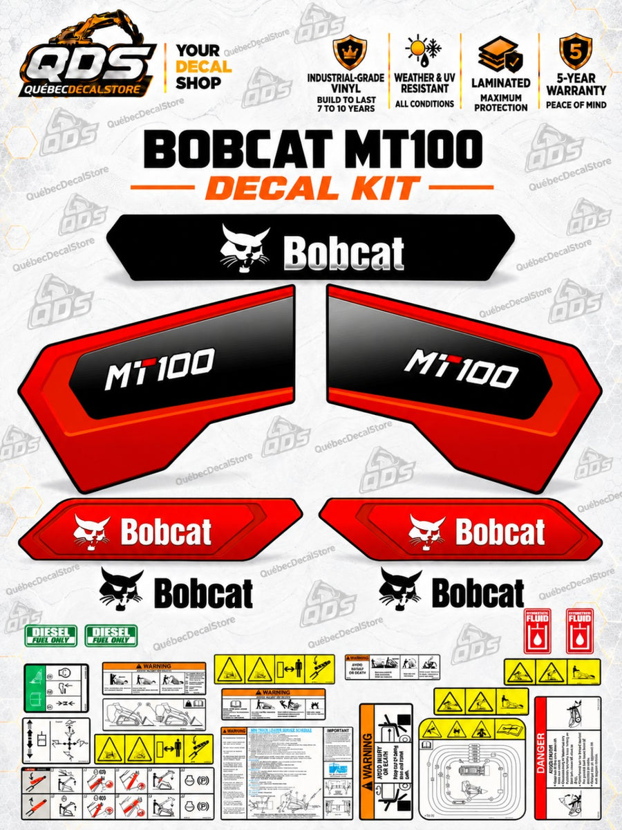 Bobcat MT100 mini track loader replacement decal kit with red and black graphics, Bobcat logos and illustrated safety labels