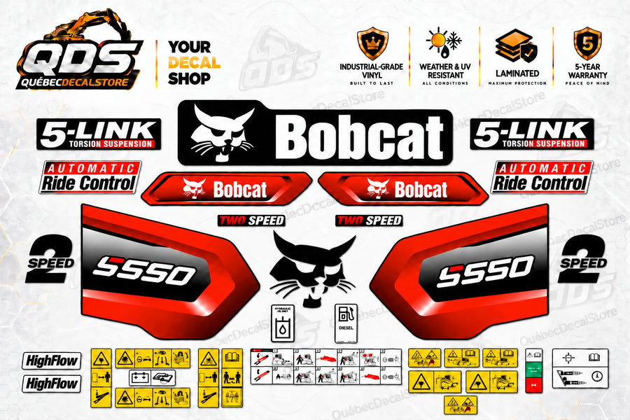 Bobcat S550 replacement decal kit with red model panels, Bobcat logos, feature labels and yellow safety decals on the QuébecDecalStore background