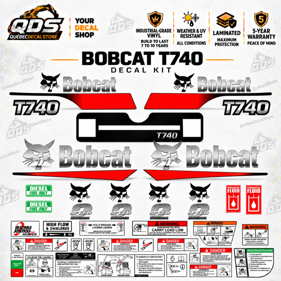 Bobcat T740 replacement decal kit with silver-effect Bobcat graphics, orange-red T740 side markings, rear panel, fluid labels and illustrated safety decals