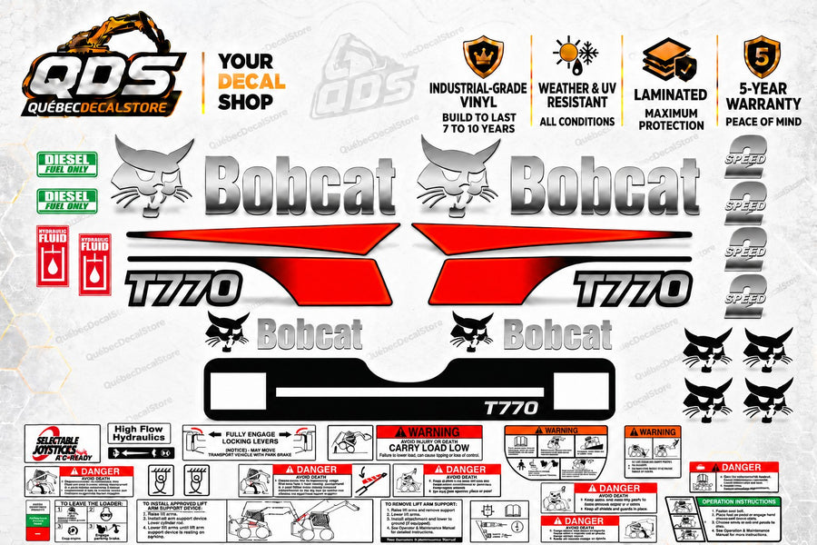 Bobcat T770 silver-effect replacement decal kit with red-orange side graphics, rear panel, two-speed markings, selectable joystick labels and illustrated safety decals