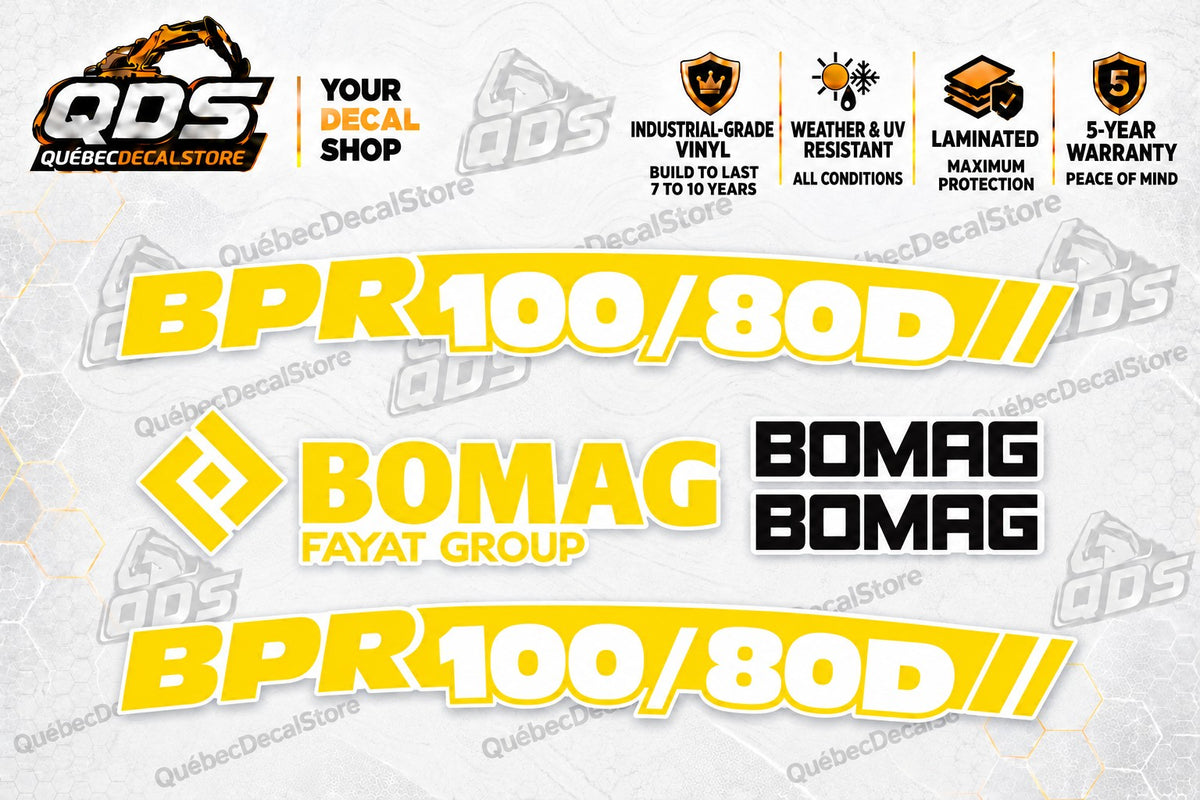 Bomag BPR100/80D replacement plate compactor decal kit with two yellow model graphics, Fayat Group branding and two black Bomag wordmarks